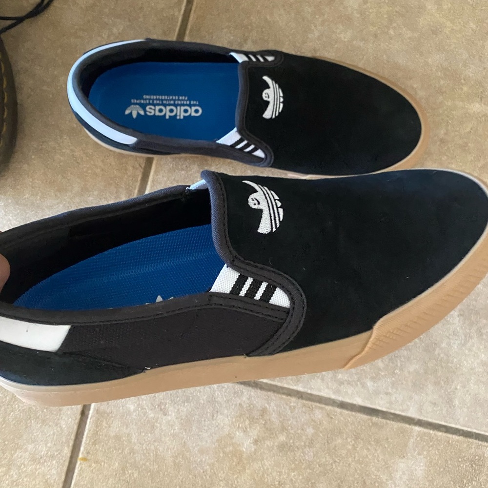 New! Adidas Black and Tan Slip-On Loafers Shmoofoil
